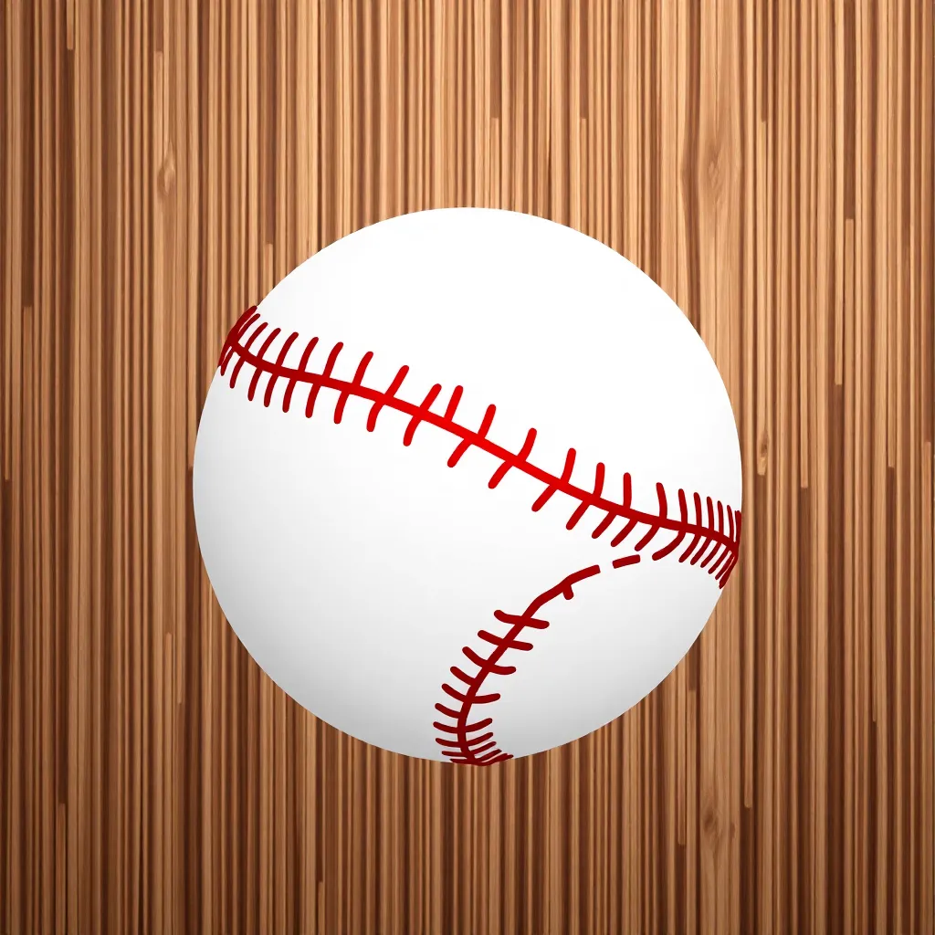 Icon of a white baseball with red stitching on a wooden bat background